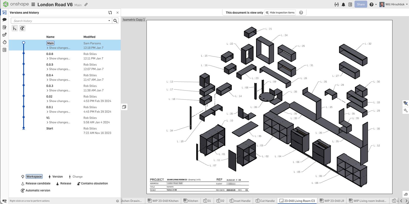 Onshape GUI showing a view-only document of shelving designed by Future Joinery System.