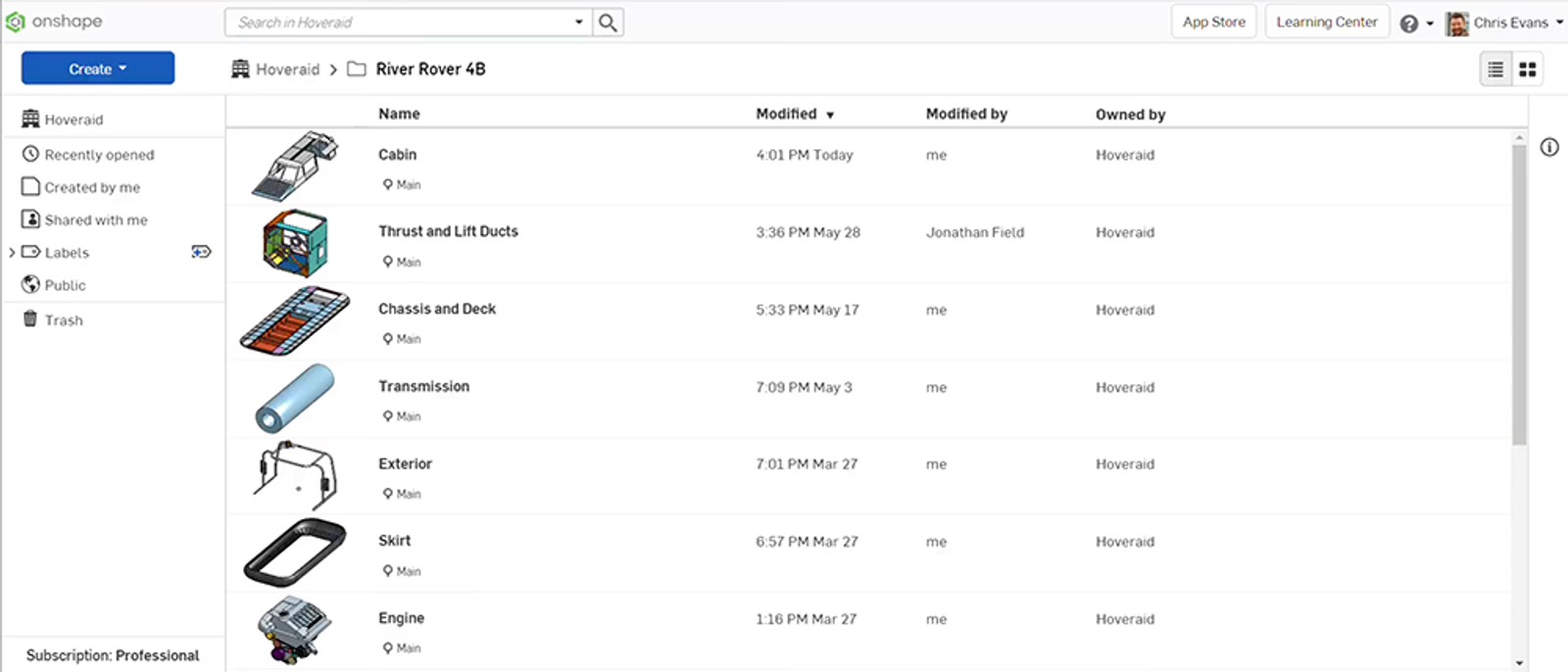 Document structure of assemblies for the River Rover 4B hovercraft visualized in Onshape