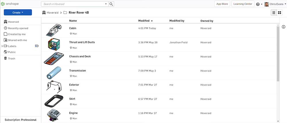 Document structure of assemblies for the River Rover 4B hovercraft visualized in Onshape