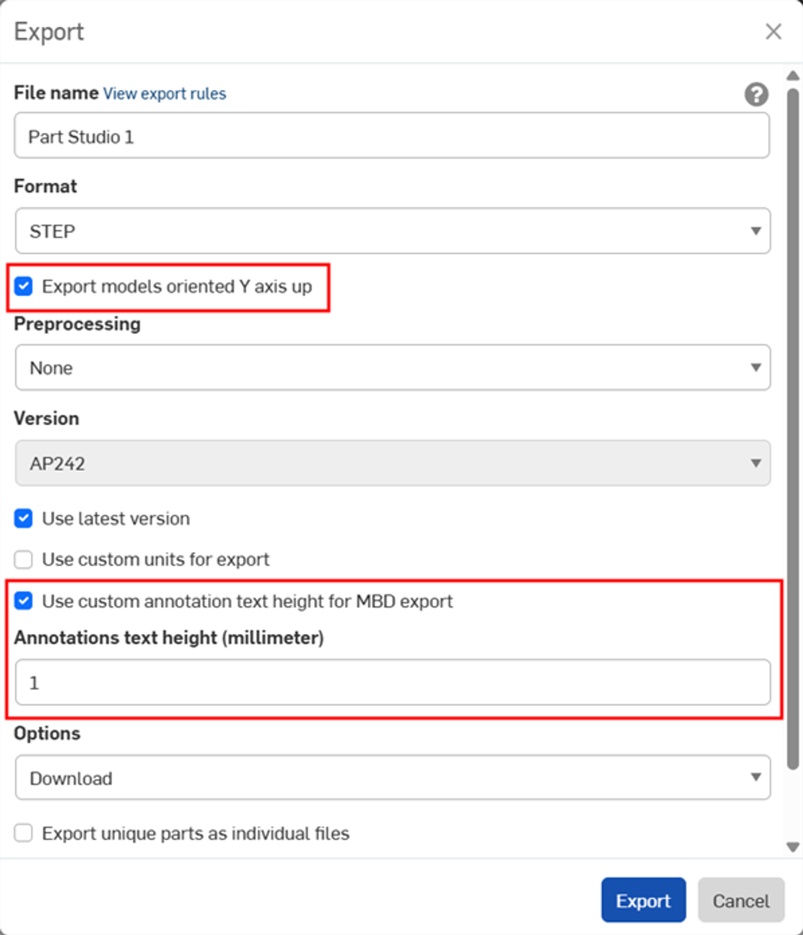 Onshape GUI showing MBD export options.