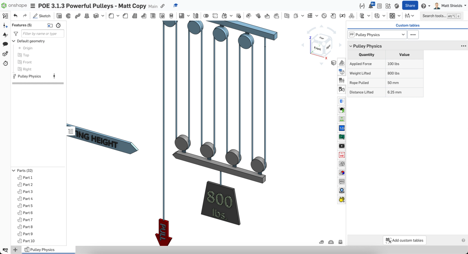 Screenshot of a pulley 3D modeled in Onshape