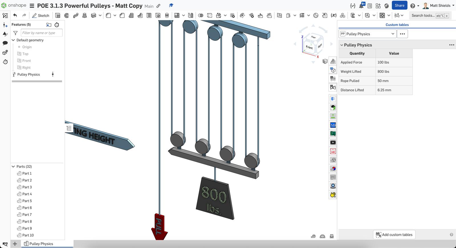 Screenshot of a pulley 3D modeled in Onshape