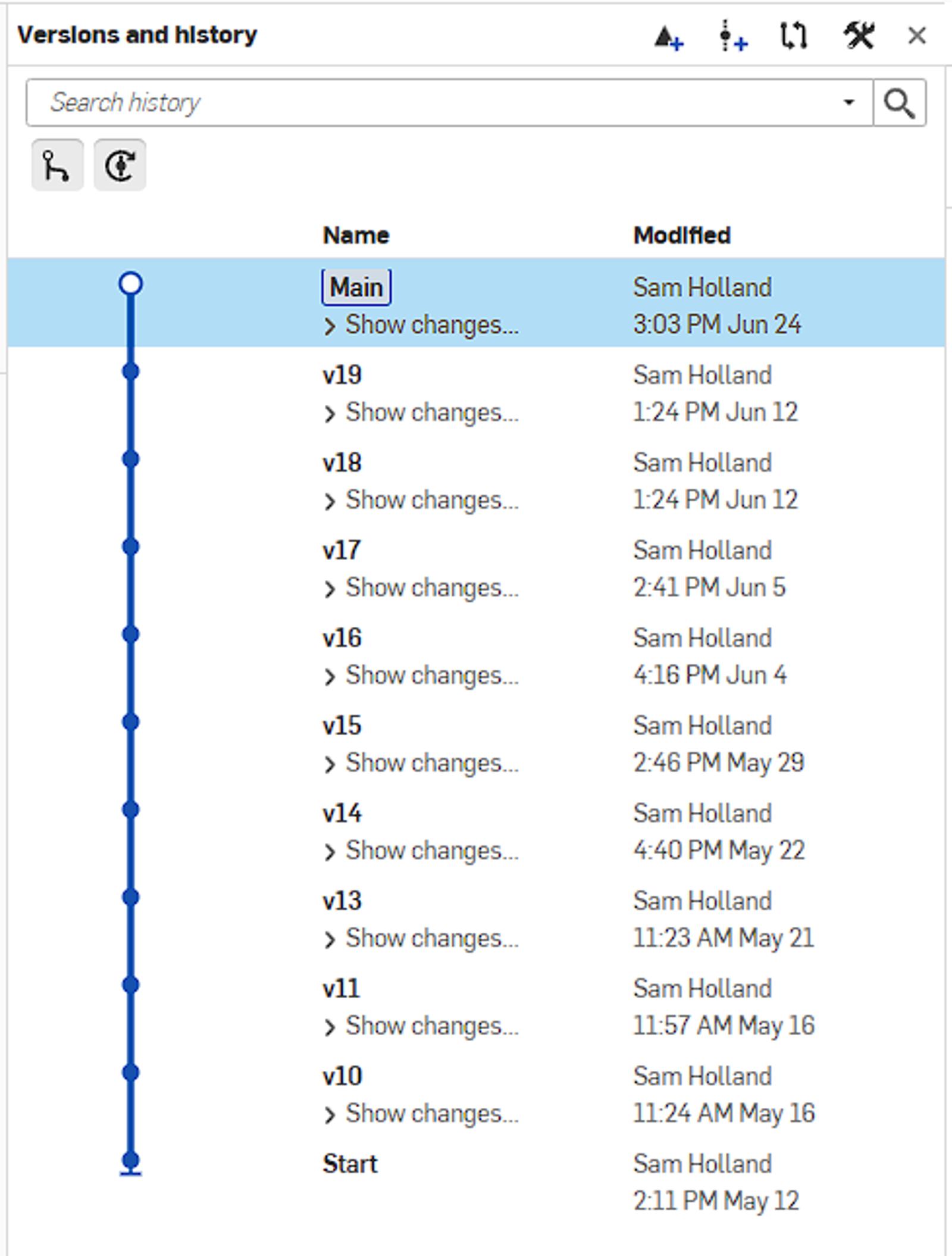 Onshape GUI showing versions and history panel of Sam Holland's work on a 3D-modeled donut hole-der.