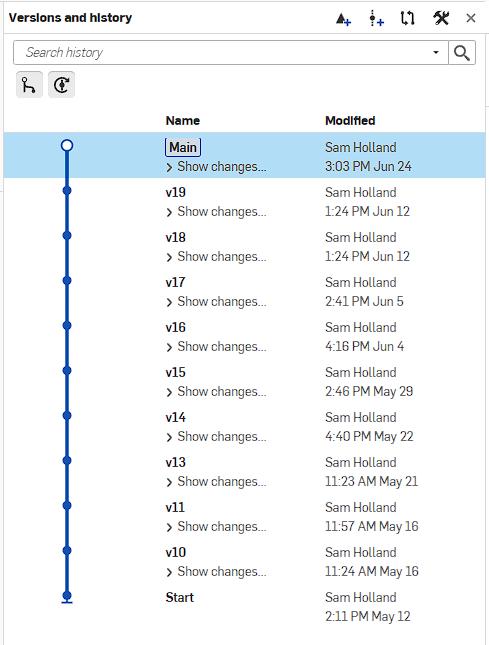 Onshape GUI showing versions and history panel of Sam Holland's work on a 3D-modeled donut hole-der.