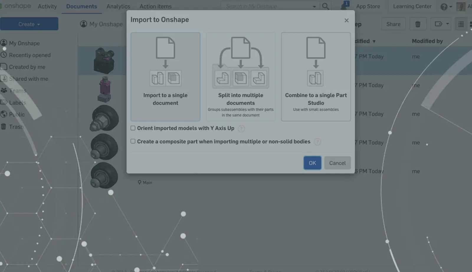 Onshape GUI showing Import to Onshape options