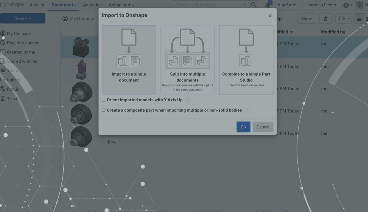 Onshape GUI showing Import to Onshape options