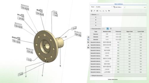 Onshape GUI showing MBD annotations on a 3D-modeled flange.