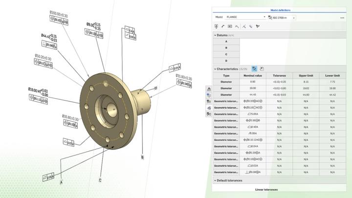 Onshape GUI showing MBD annotations on a 3D-modeled flange.