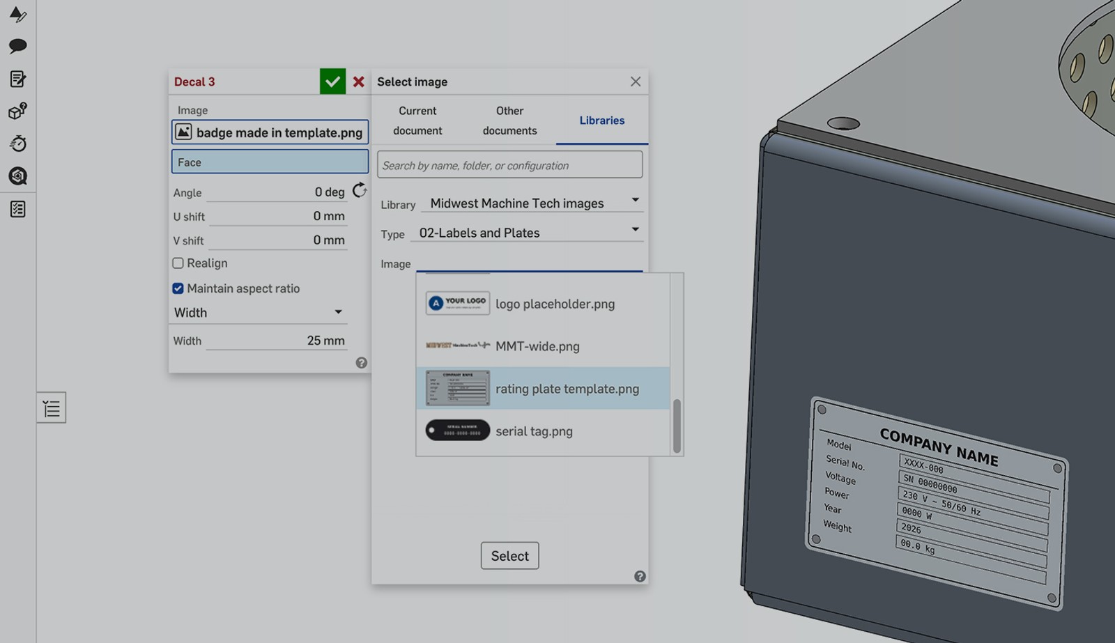 Onshape GUI with an overlay showing a Decal on a 3D model.