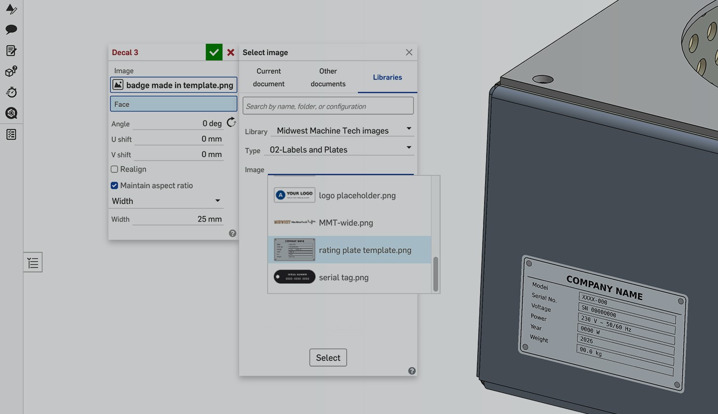 Onshape GUI with an overlay showing a Decal on a 3D model.