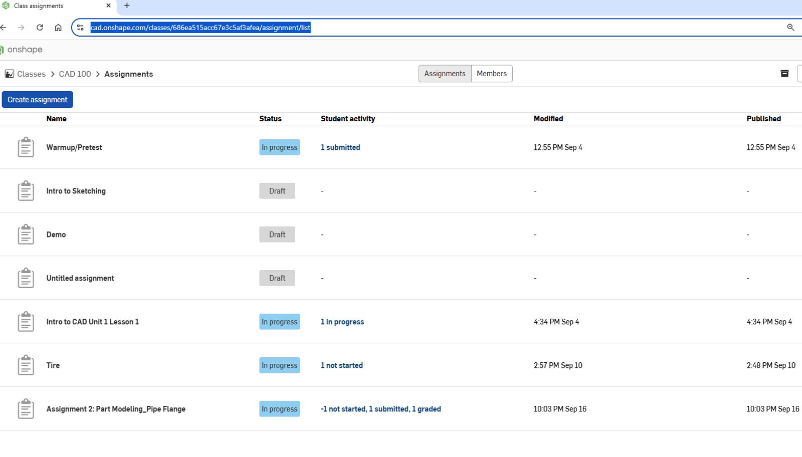 Onshape GUI showing the assignments dashboard in an Education Enterprise account