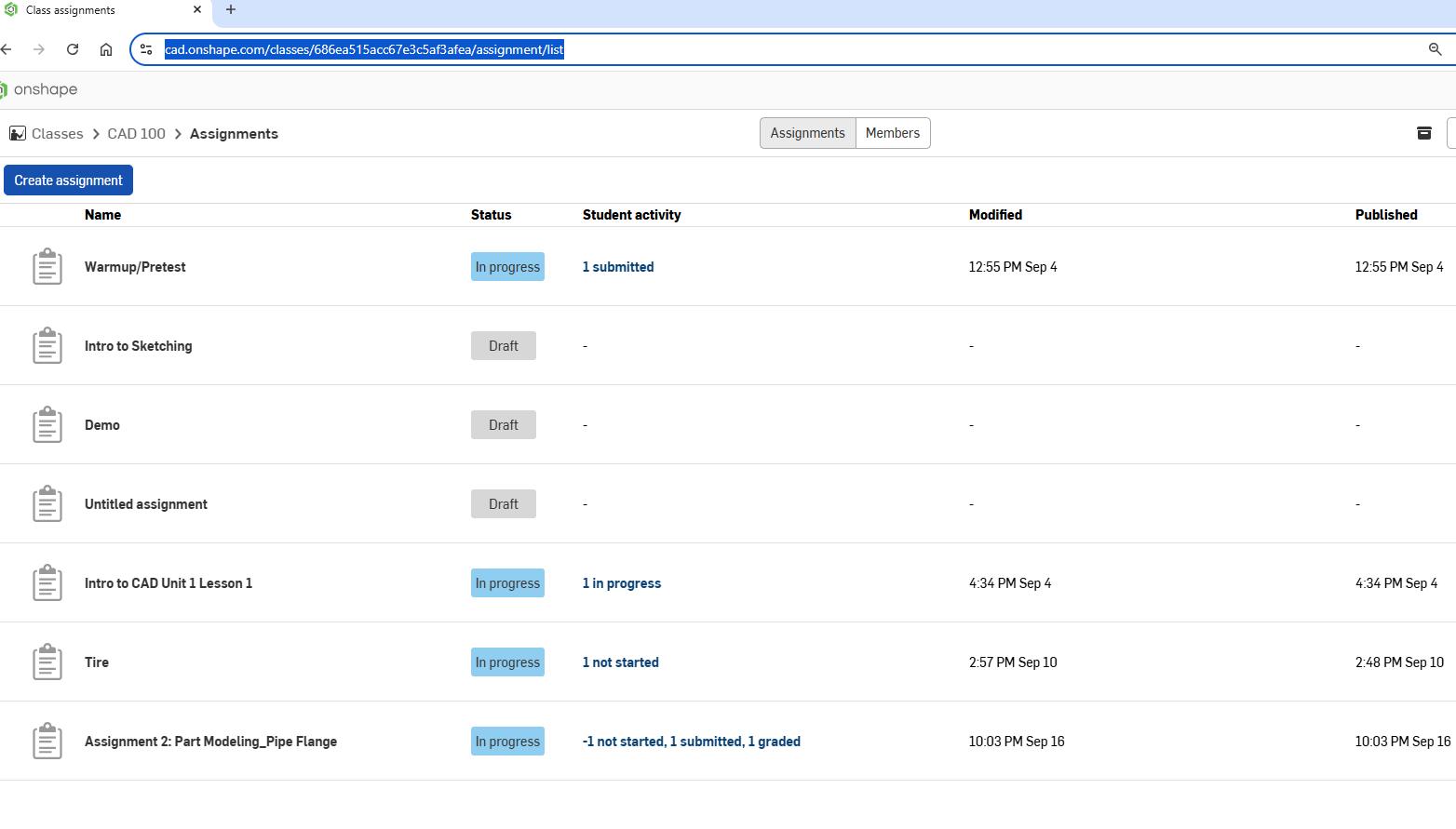 Onshape GUI showing the assignments dashboard in an Education Enterprise account