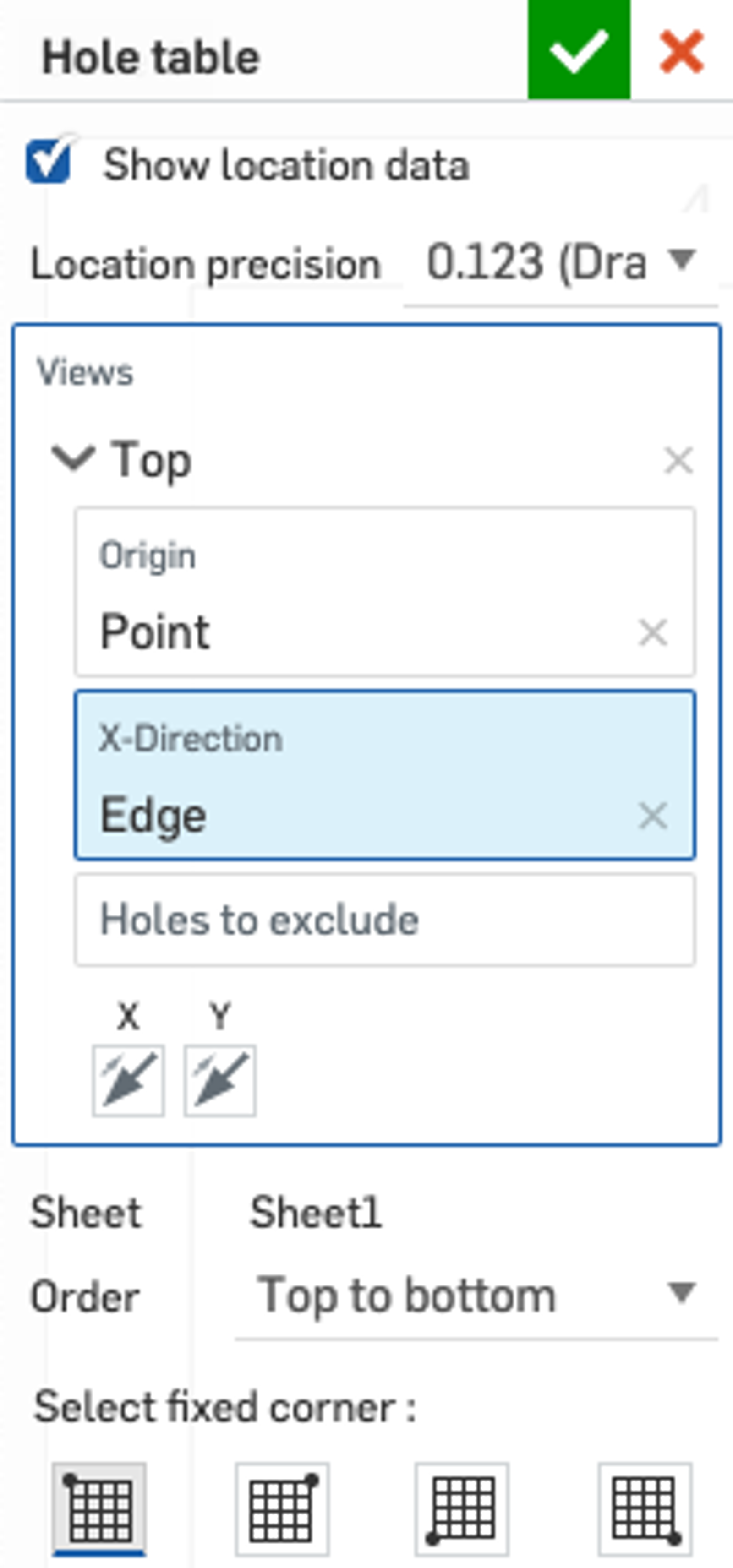 Screenshot for how to define the Hole Table in Onshape.