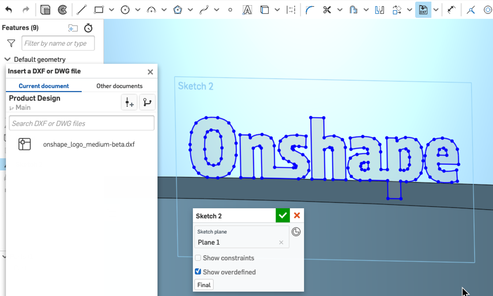 Image of the insert dialog of DXF/DWG files into a sketch.