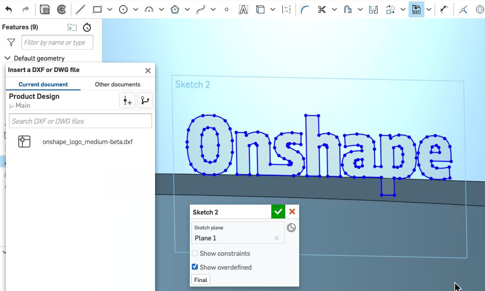Image of the insert dialog of DXF/DWG files into a sketch.