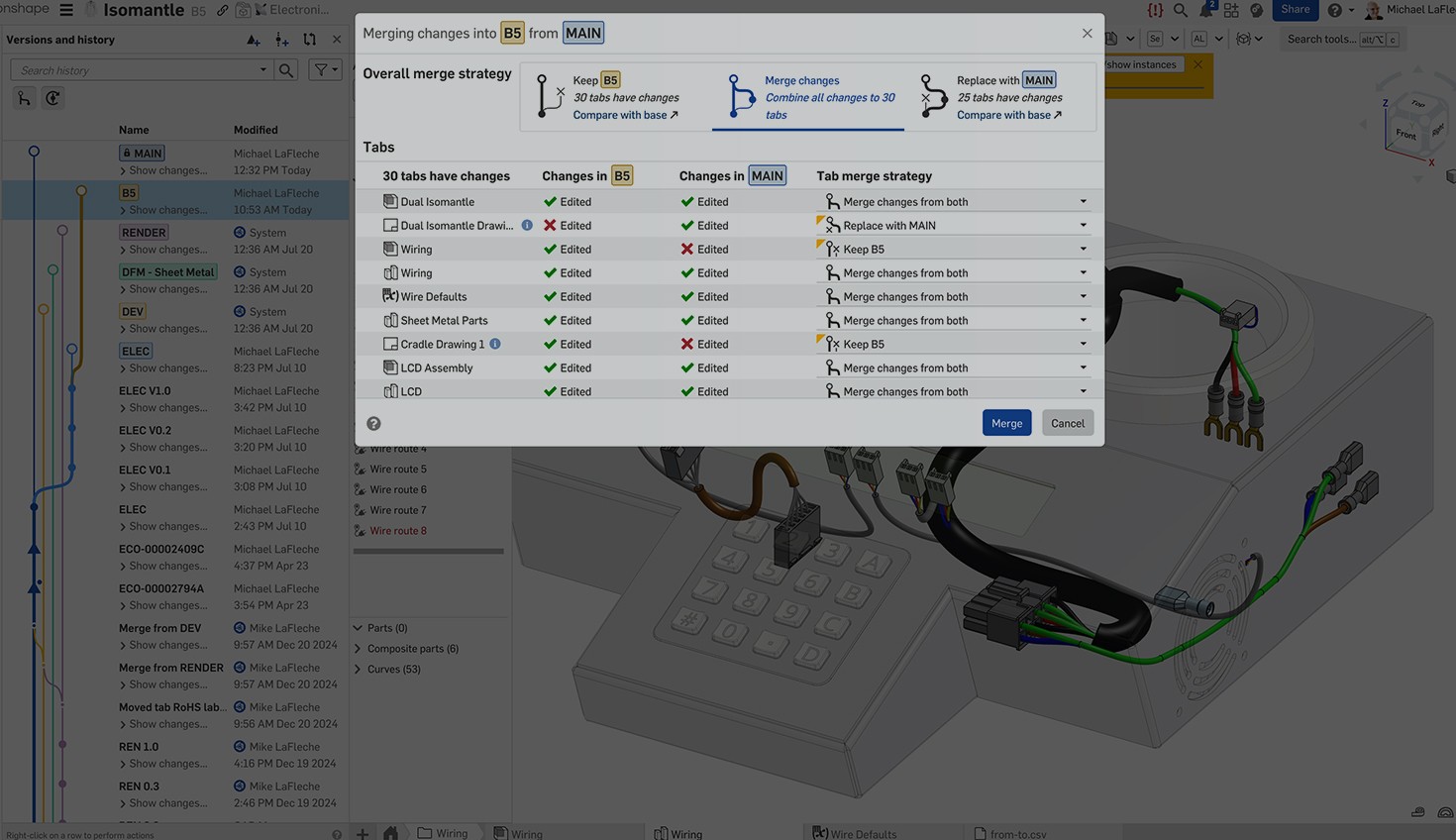 Onshape GUI with an overlay showing the Merging dialog box.