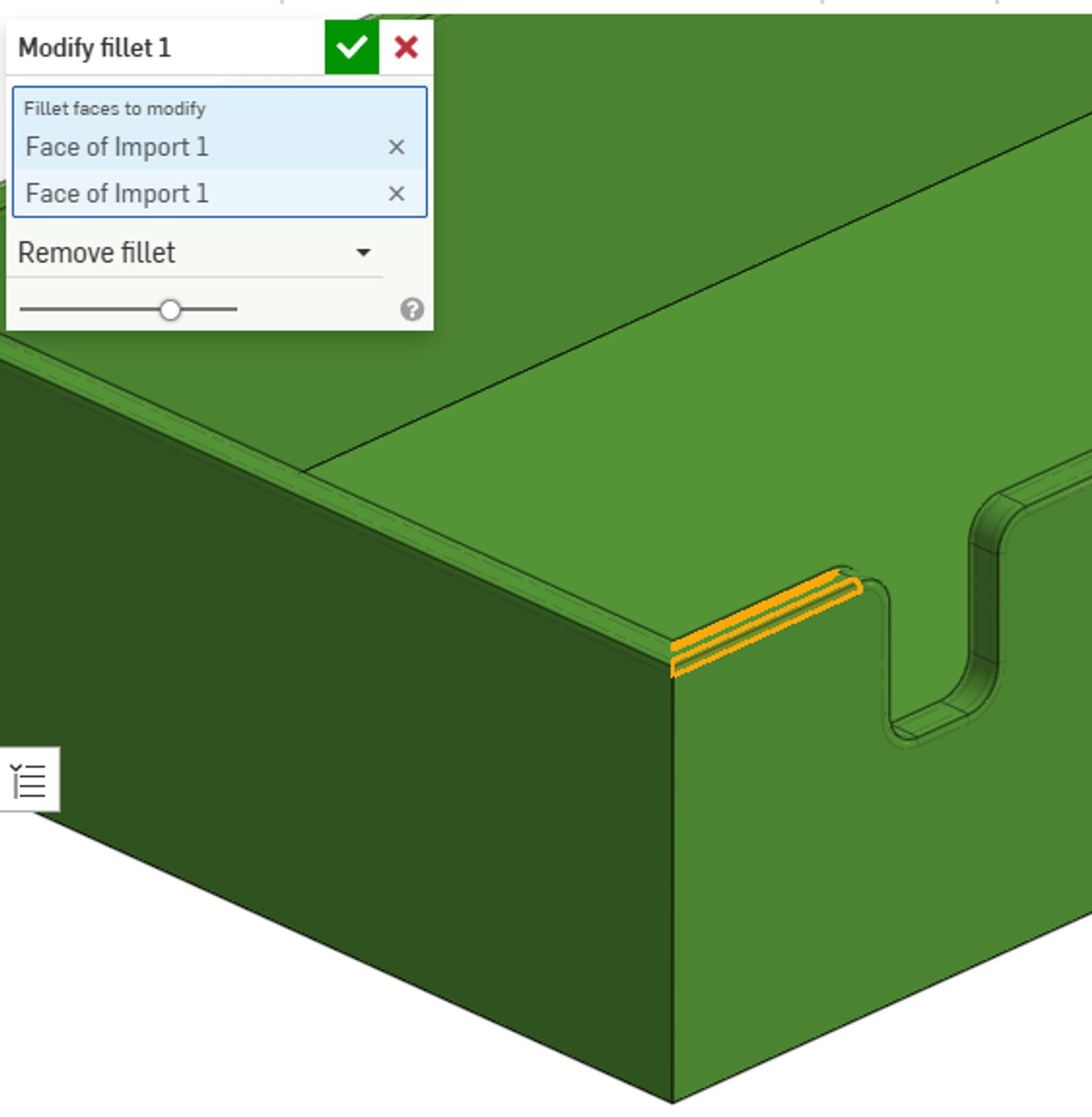 Onshape GUI showing a closeup of filleted-faces selected for removal.