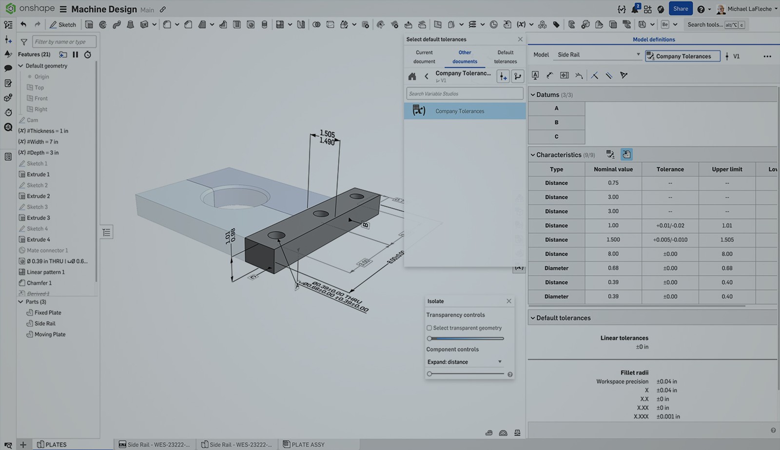 Onshape GUI with an overlay showing a CAD model with MBD information.