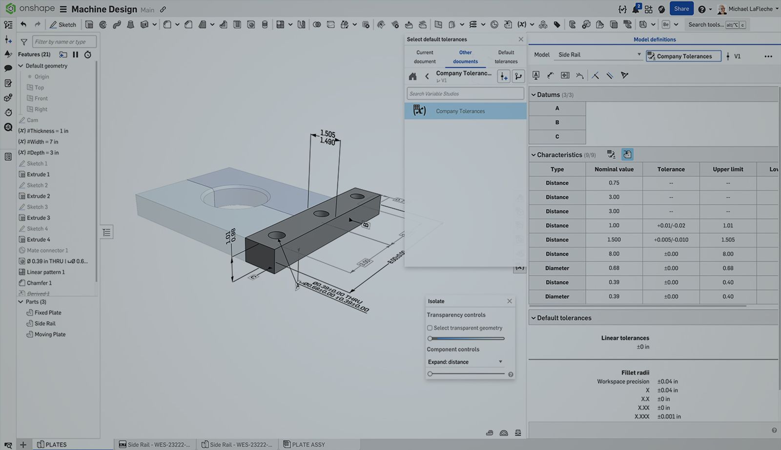 Onshape GUI with an overlay showing a CAD model with MBD information.