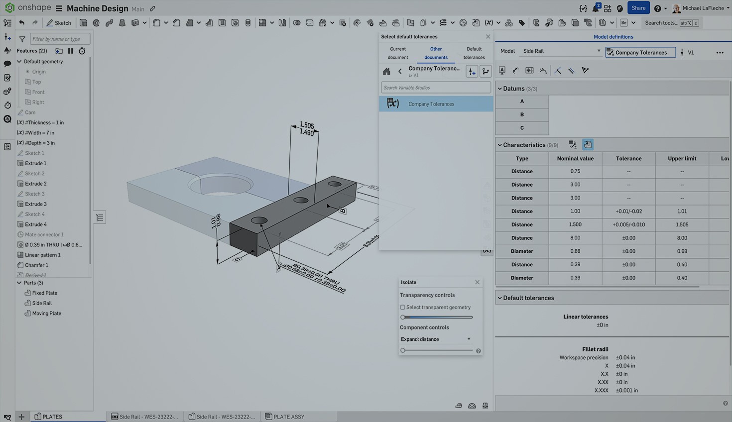 Onshape GUI with an overlay showing a CAD model with MBD information.