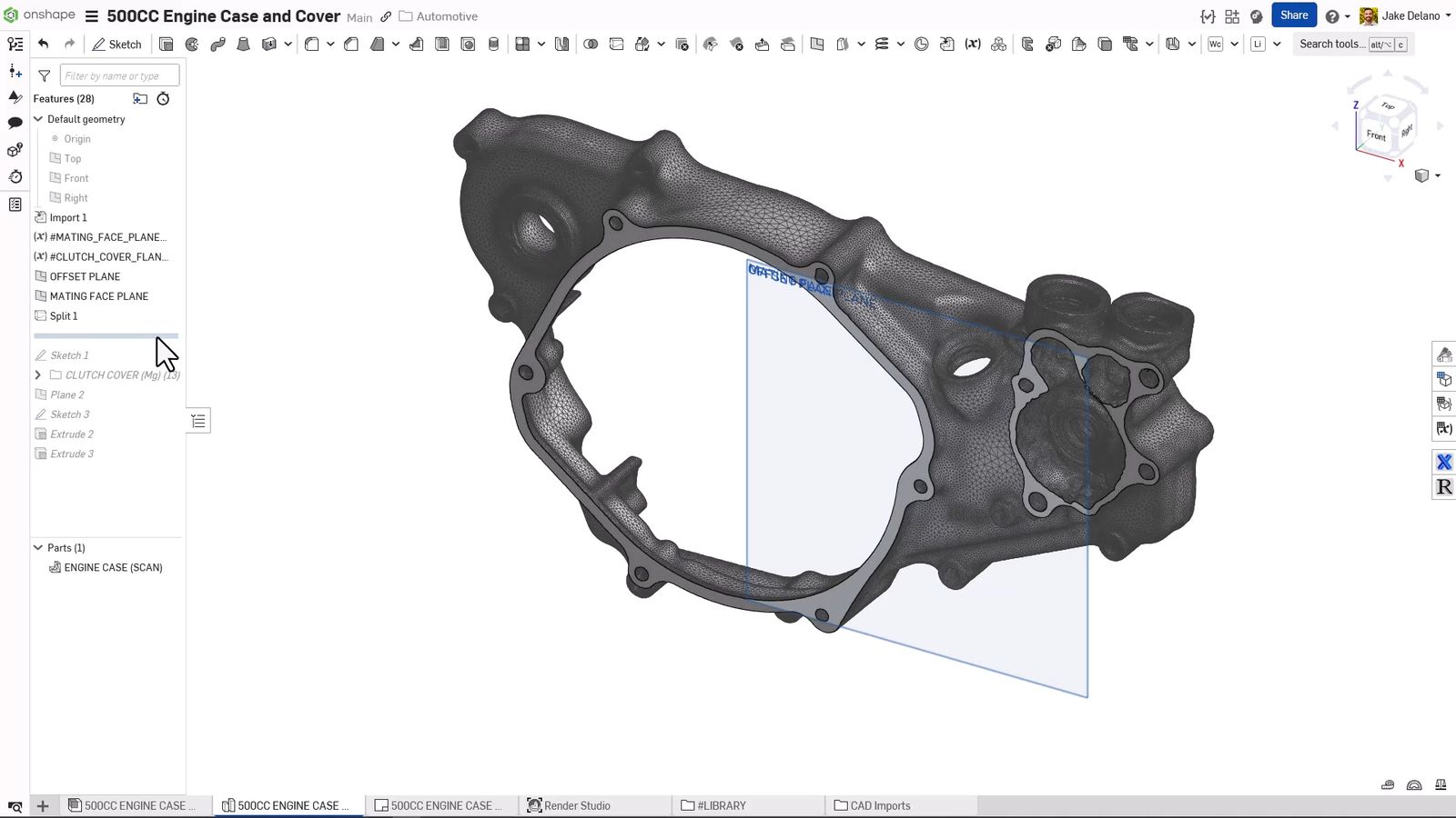 Image showing a mesh/scan engine case in Onshape, with a cut across the outer face to accommodate the design of a new cover.