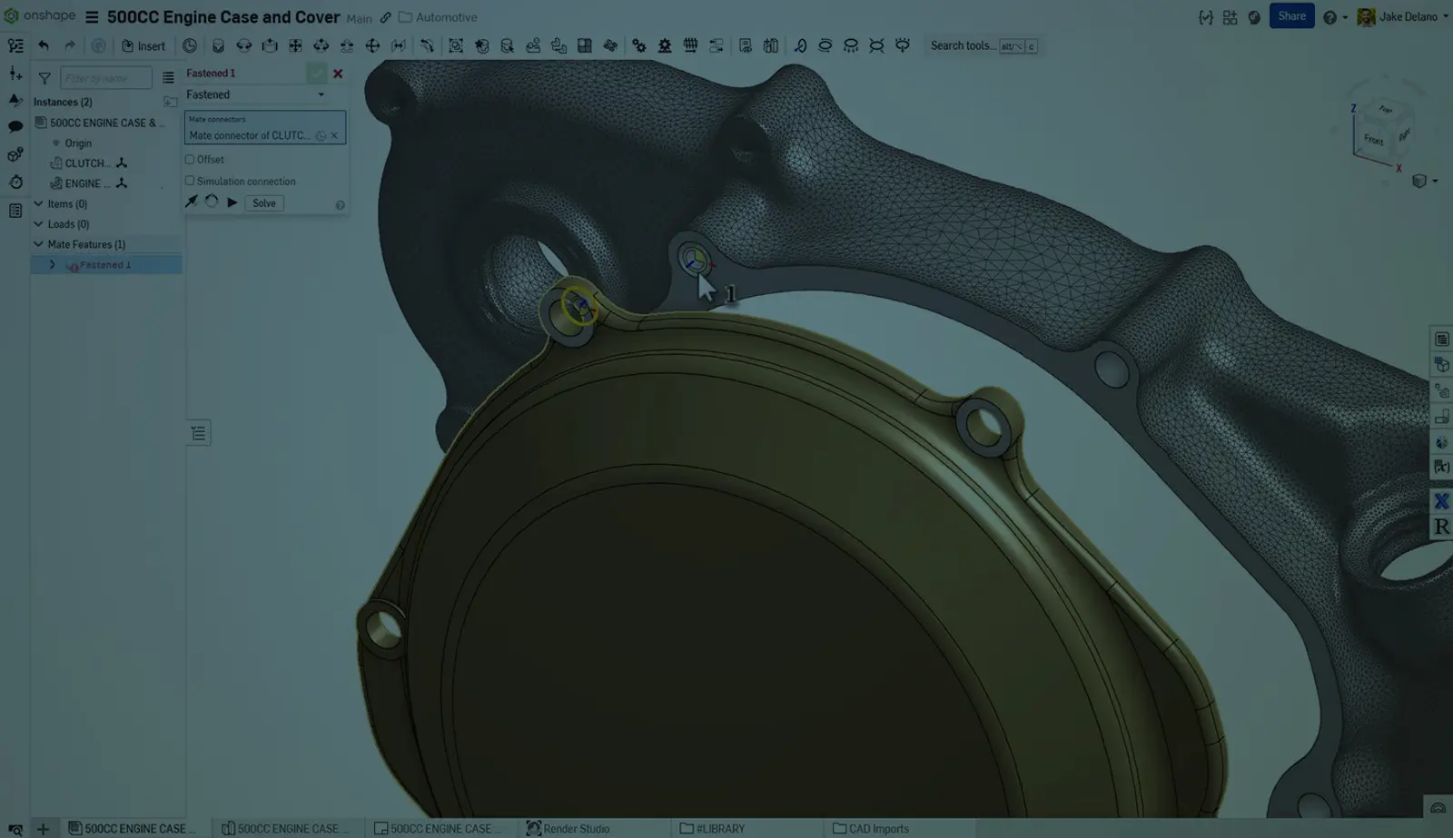 Onshape GUI darkened with an overlay showing a CAD model of a 500CC engine case (mesh) and cover (BREP), showing mixed modeling displayed within Onshape.