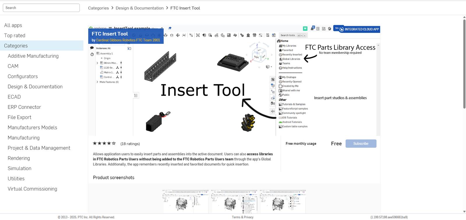 Onshape App Store GUI showing the FTC Insert Tool page.