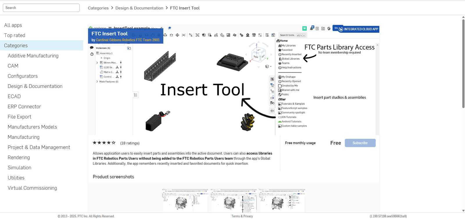 Onshape App Store GUI showing the FTC Insert Tool page.