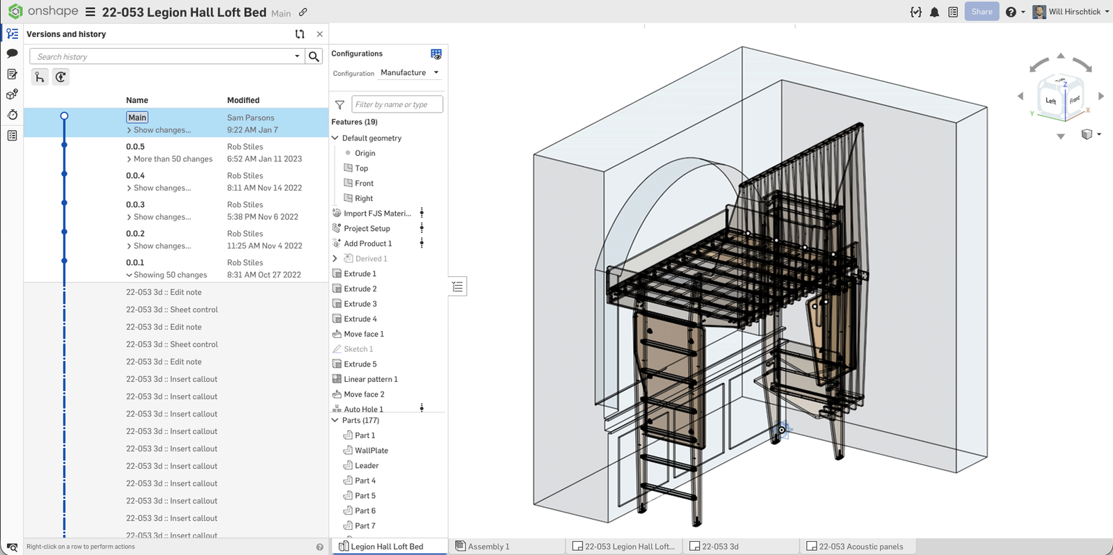 Onshape GUI showing the Versions and history panel for a loft bed designed by Future Joinery Systems.