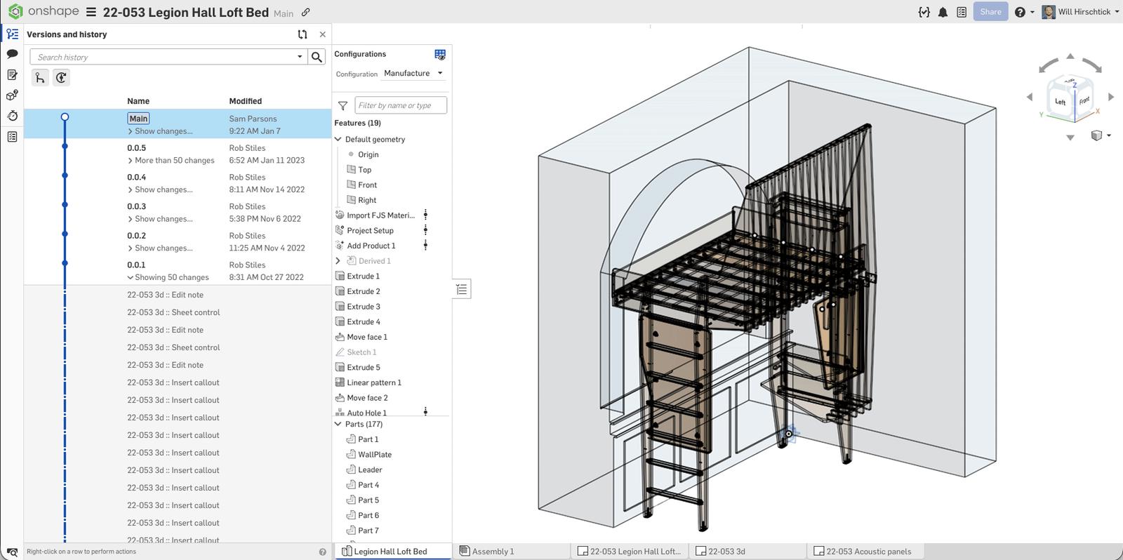 Onshape GUI showing the Versions and history panel for a loft bed designed by Future Joinery Systems.