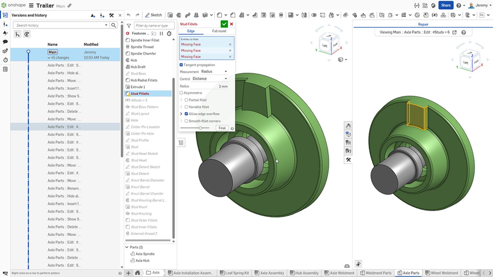 Onshape GUI showing the Versions and history of a 3D-modeled axle part with the last healthy moment highlighted.