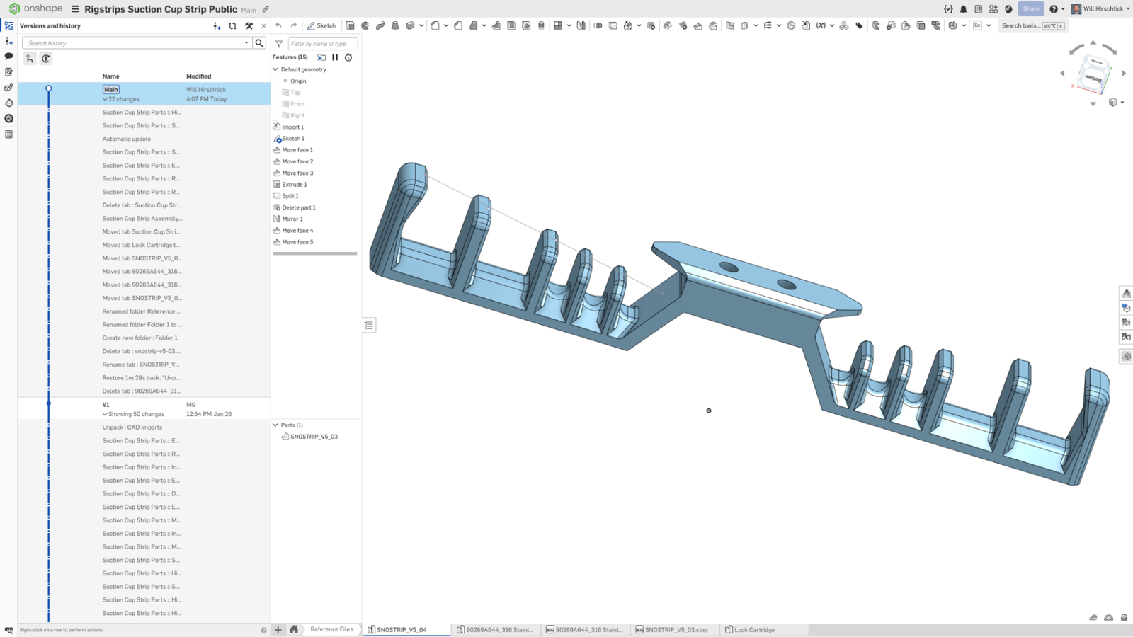 Onshape GUI showing 3D-modeled Rigstrips suction cup and the Versions and history panel open.