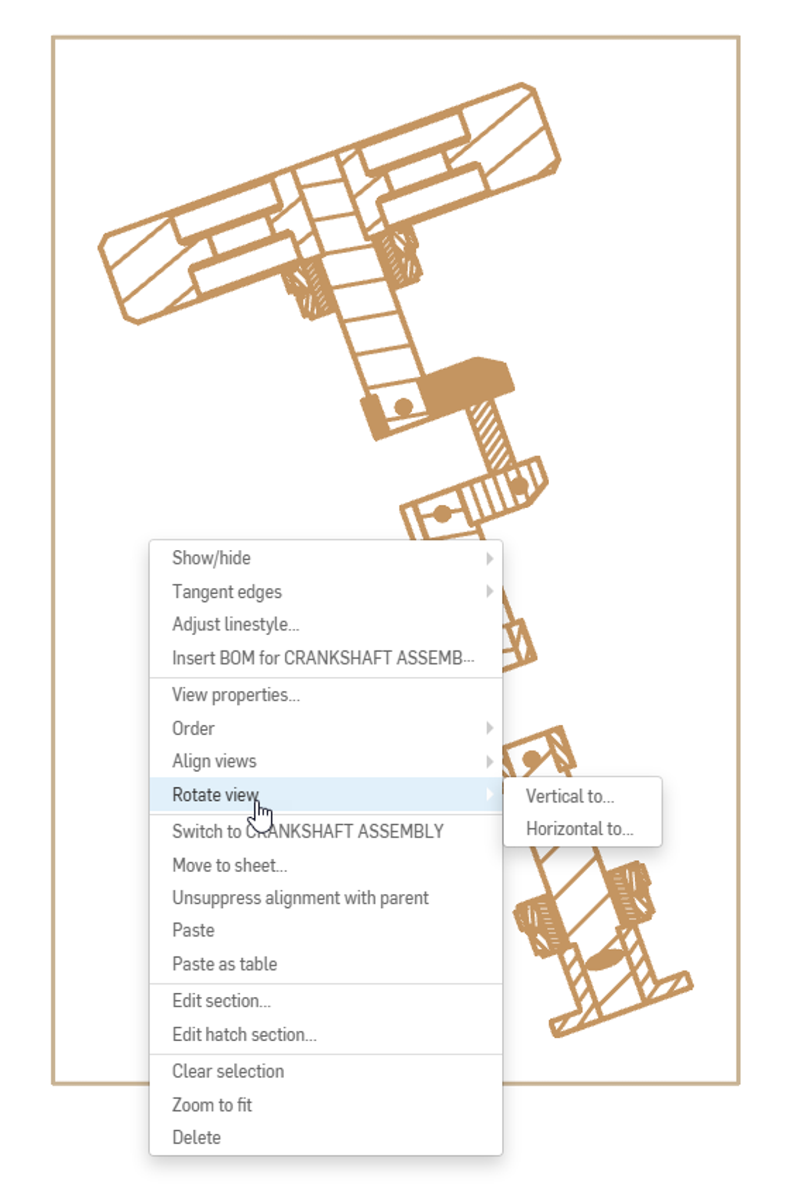 Onshape GUI closeup showing a drawing and the "Rotate view" option highlighted.