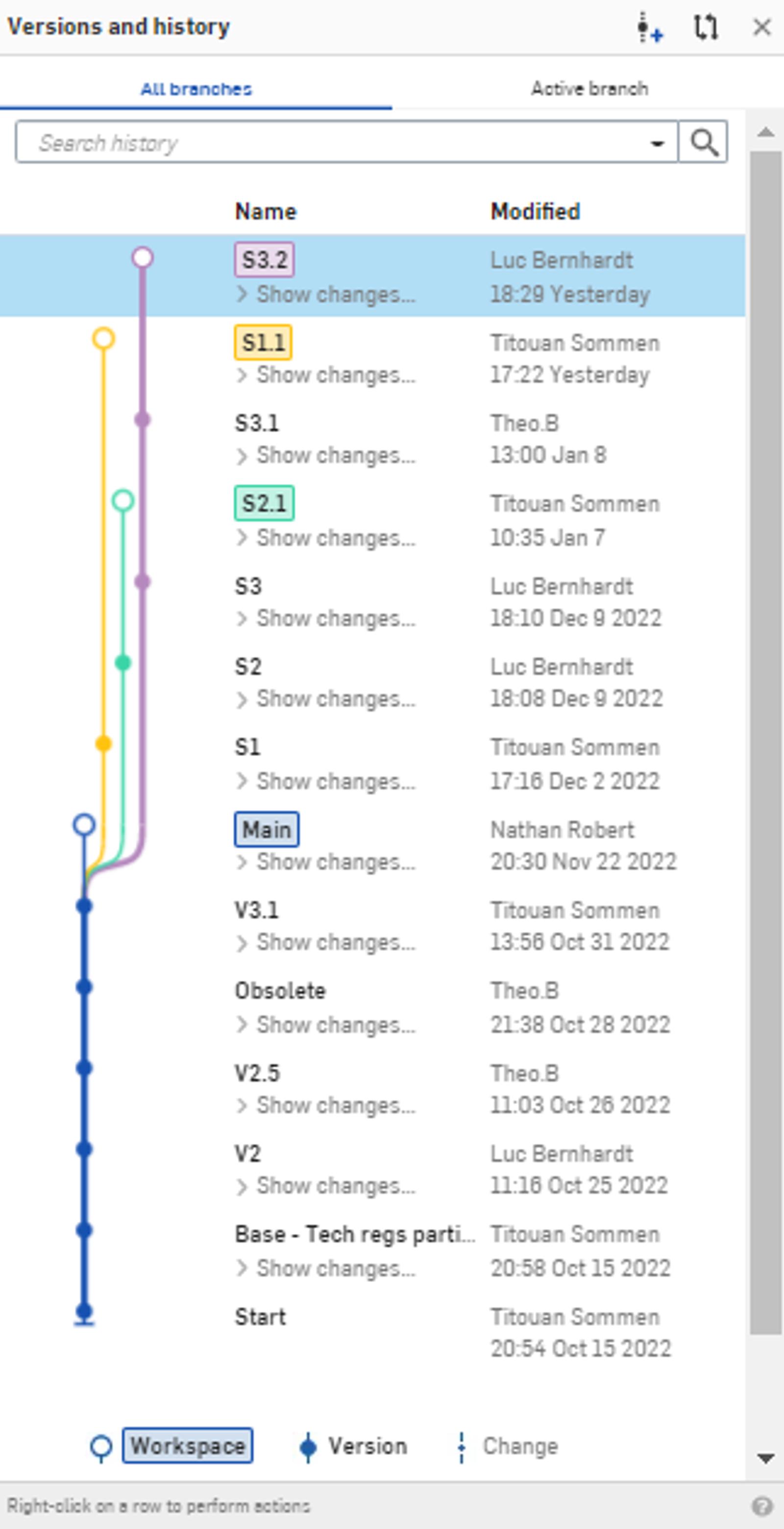 Onshape's versioning panel