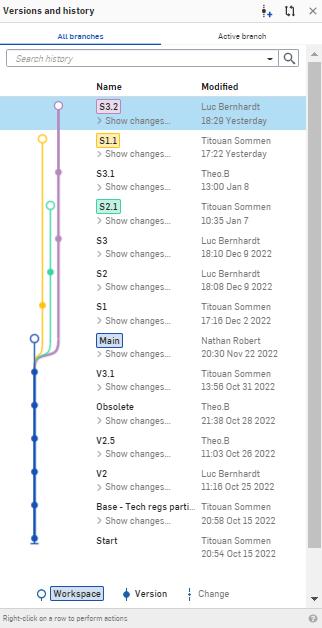 Onshape's versioning panel
