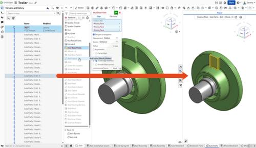 Image showing the versions and history panel of a CAD model with a broken reference.