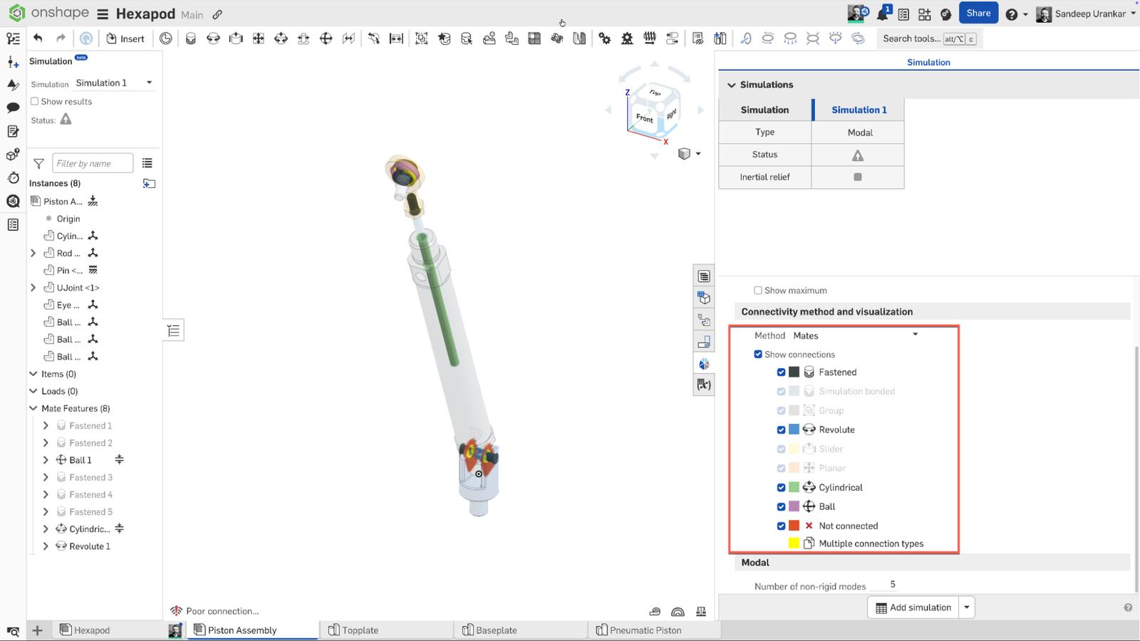Onshape GUI showing a part of a 3D-modeled hexapod, detailing connectivity method and visualization of mates.