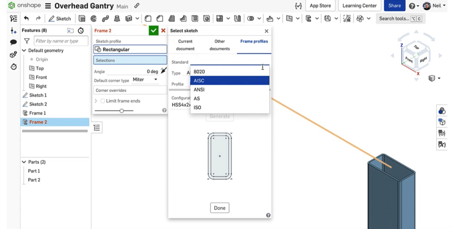 Frame profiles in Onshape
