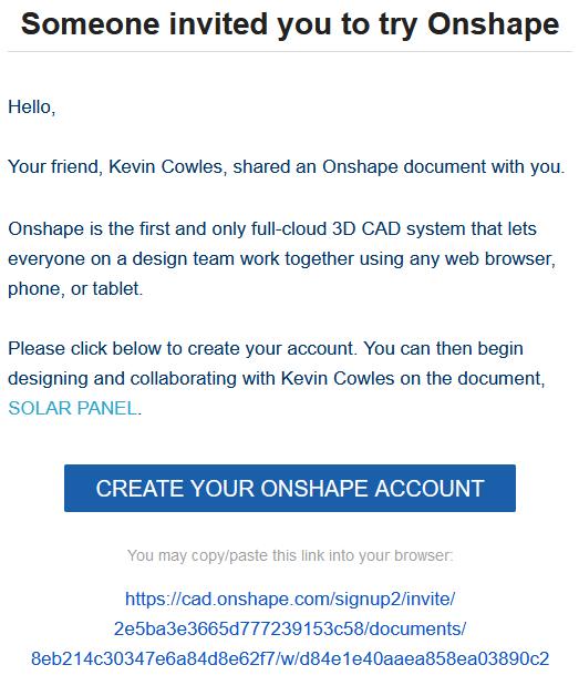 Screenshot from the email inviting the shared user to create an Onshape account