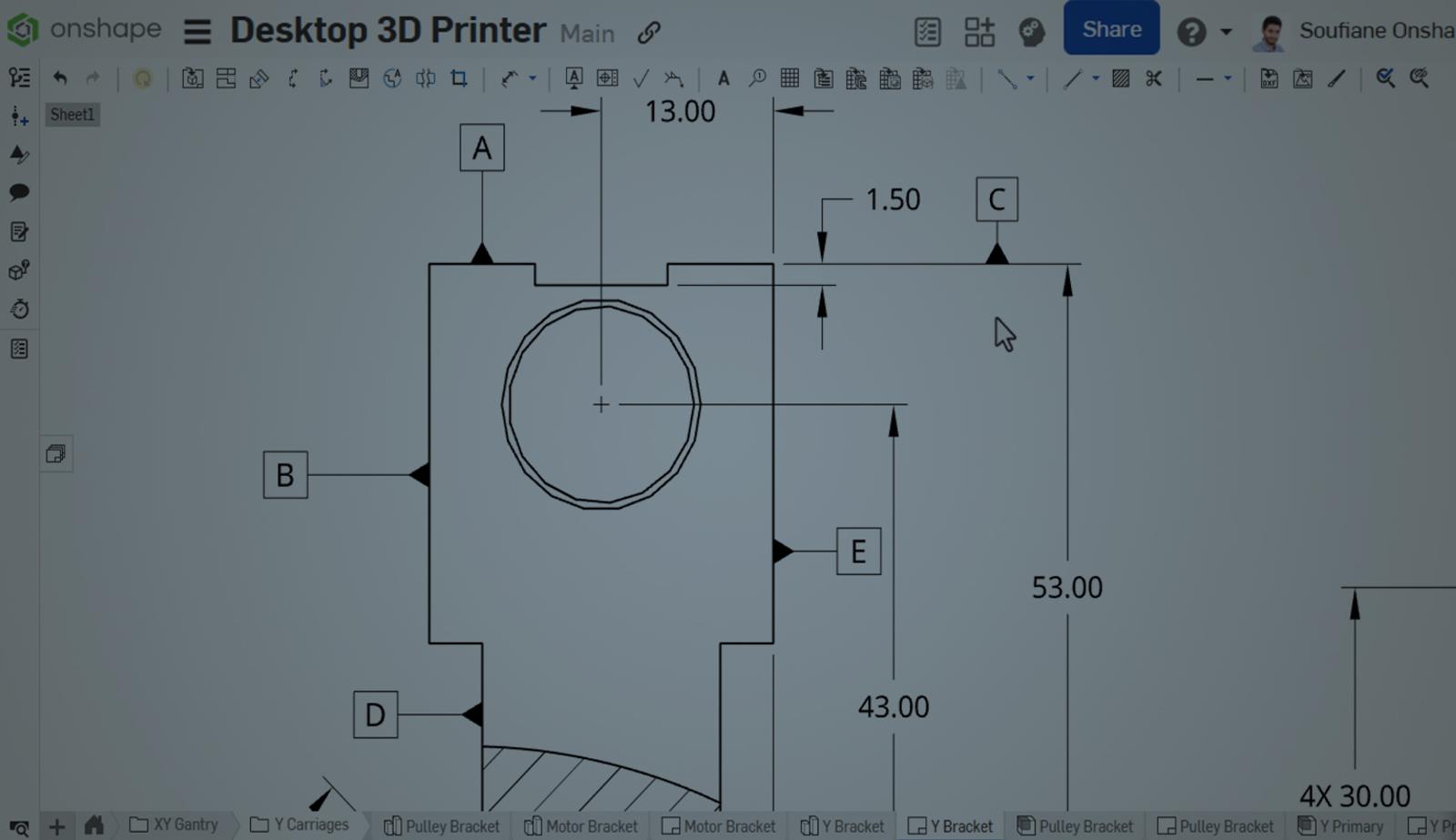 Onshape GUI with an overlay showing datums on a drawing of a 3D-modeled desktop 3D printer.