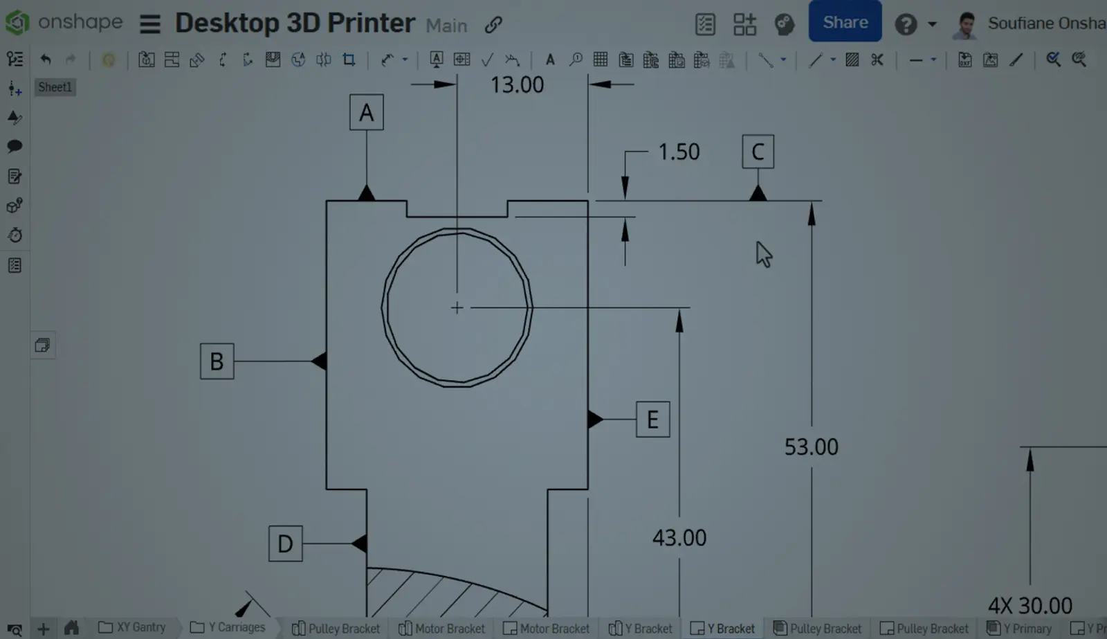 Onshape GUI with an overlay showing datums on a drawing of a 3D-modeled desktop 3D printer.