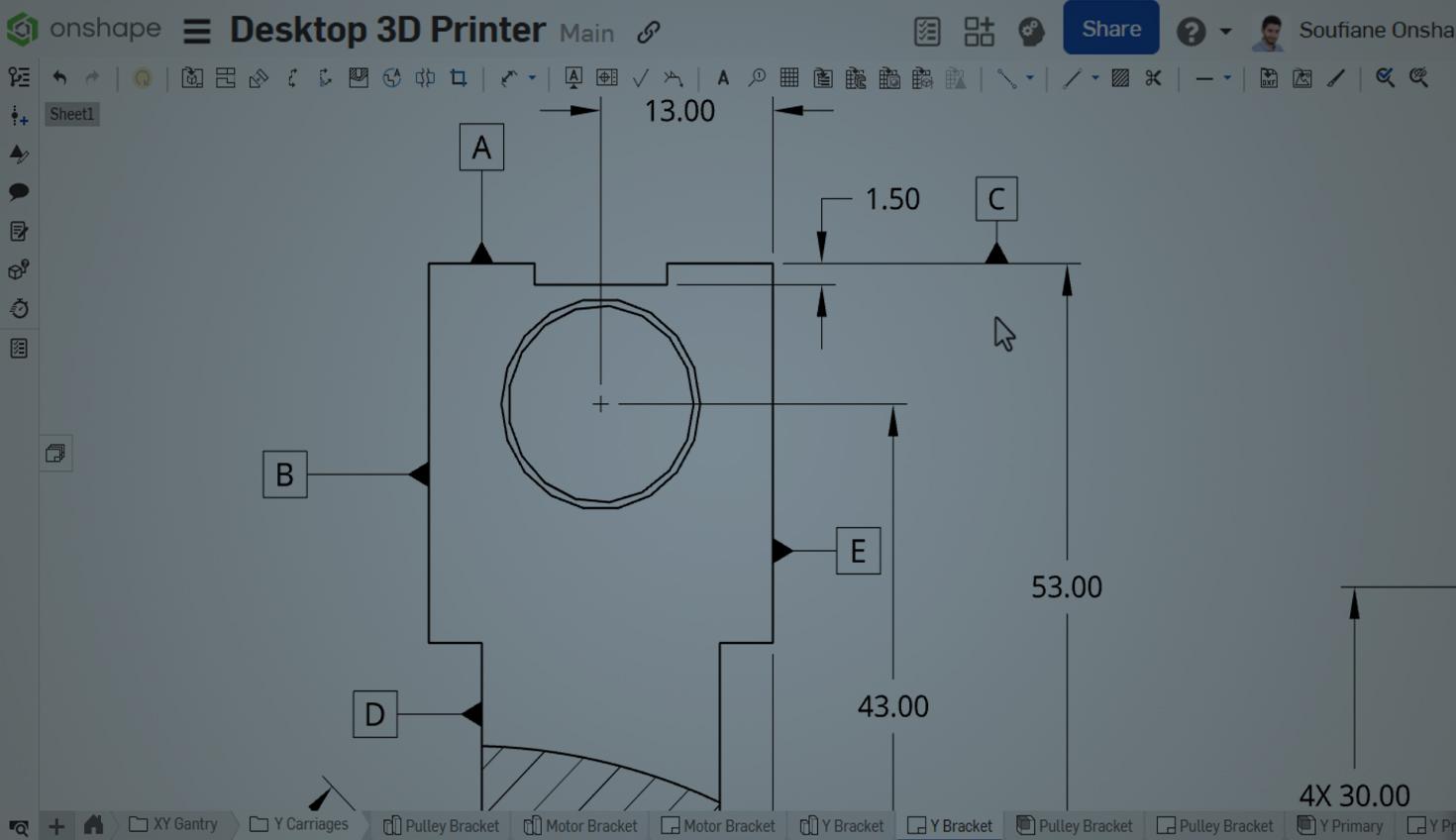 Onshape GUI with an overlay showing datums on a drawing of a 3D-modeled desktop 3D printer.