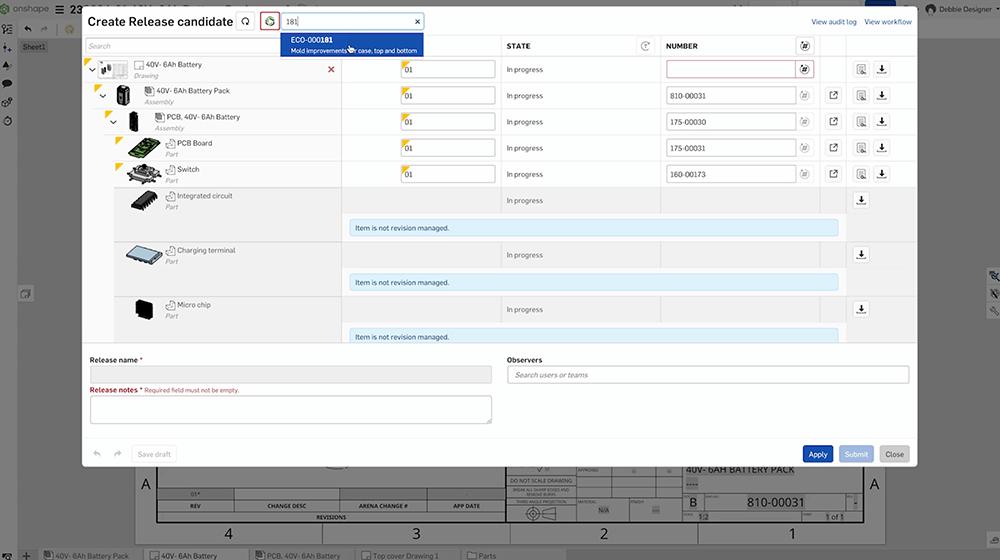 Fenêtre de gestion des versions Onshape