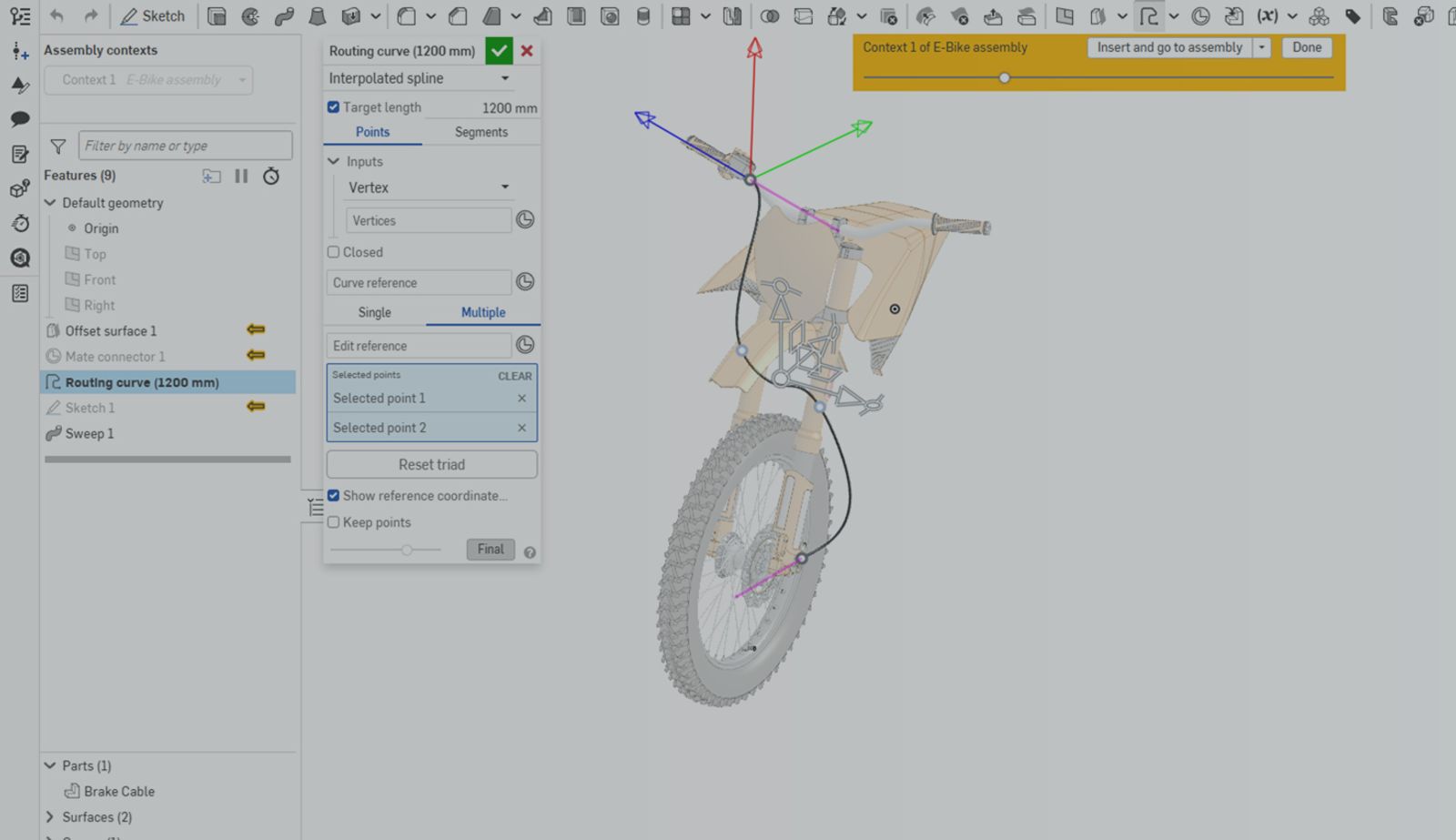 Onshape GUI showing the Routing curve feature dialog