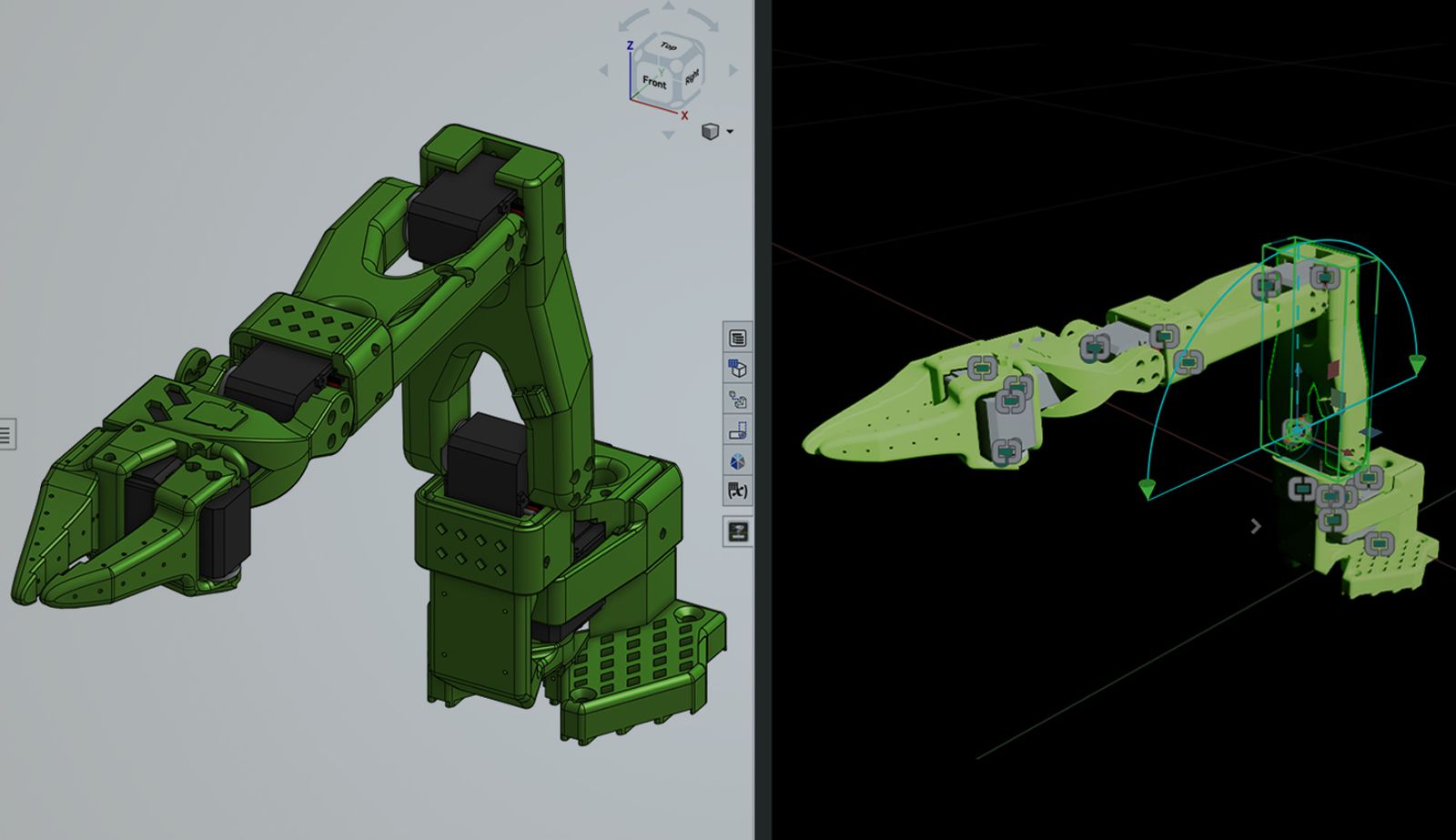 Onshape and NVIDIA Isaac Sim GUI with an overlay showing a robotics 3D model.
