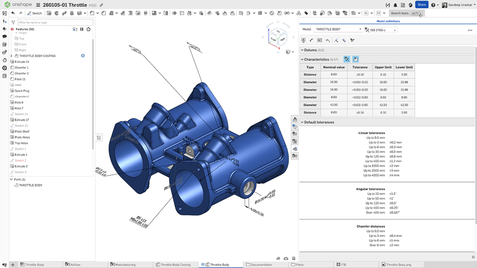Onshape GUI showing 3D-designed Throttle body with Model definitions and default tolerances.