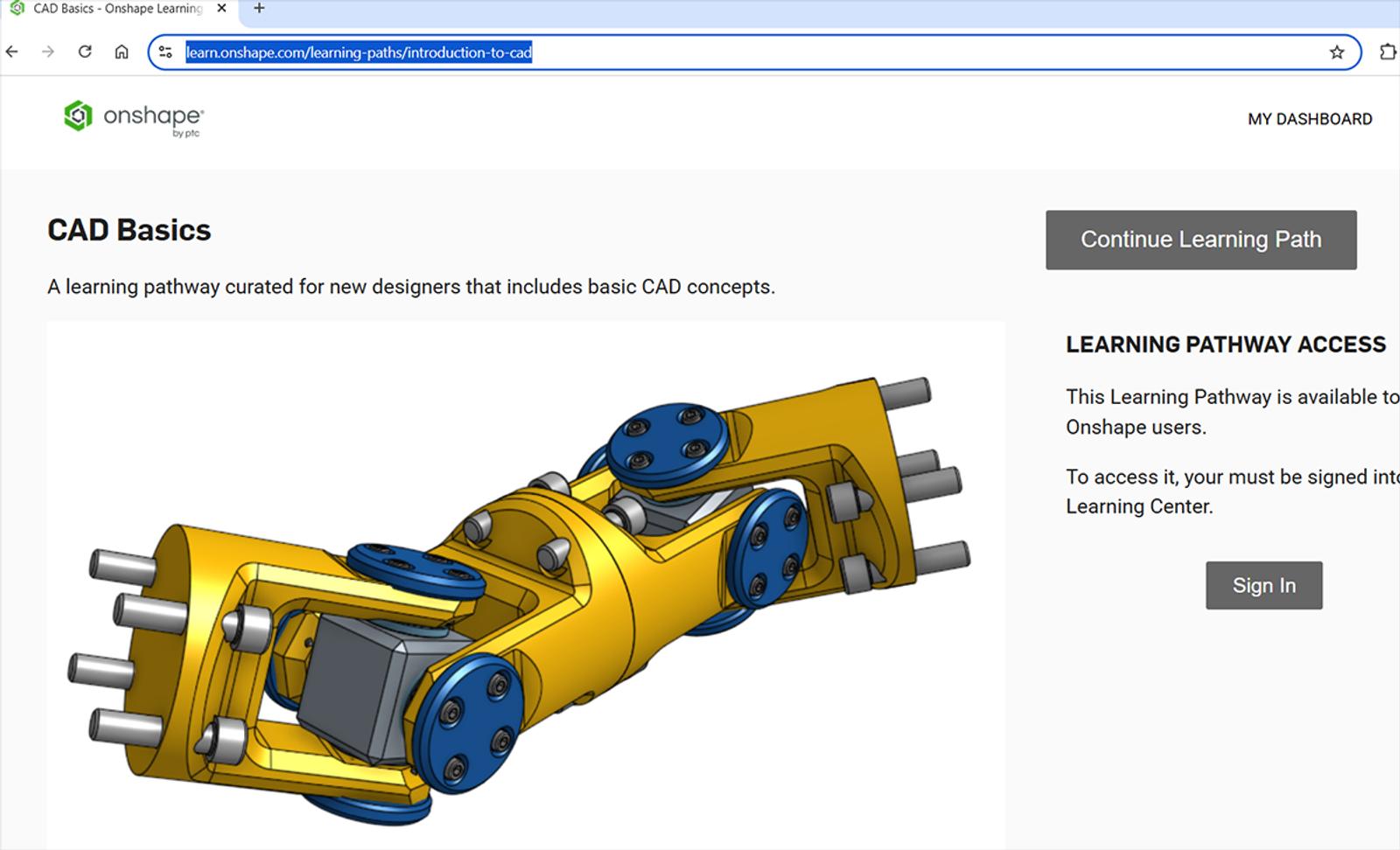 Onshape Learning Center GUI showing the CAD Basics course URL highlighted.