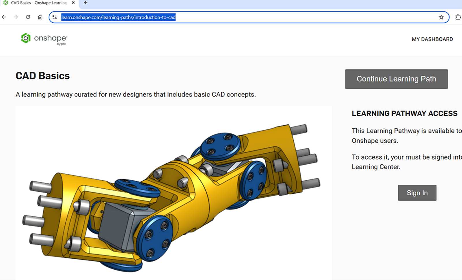 Onshape Learning Center GUI showing the CAD Basics course URL highlighted.