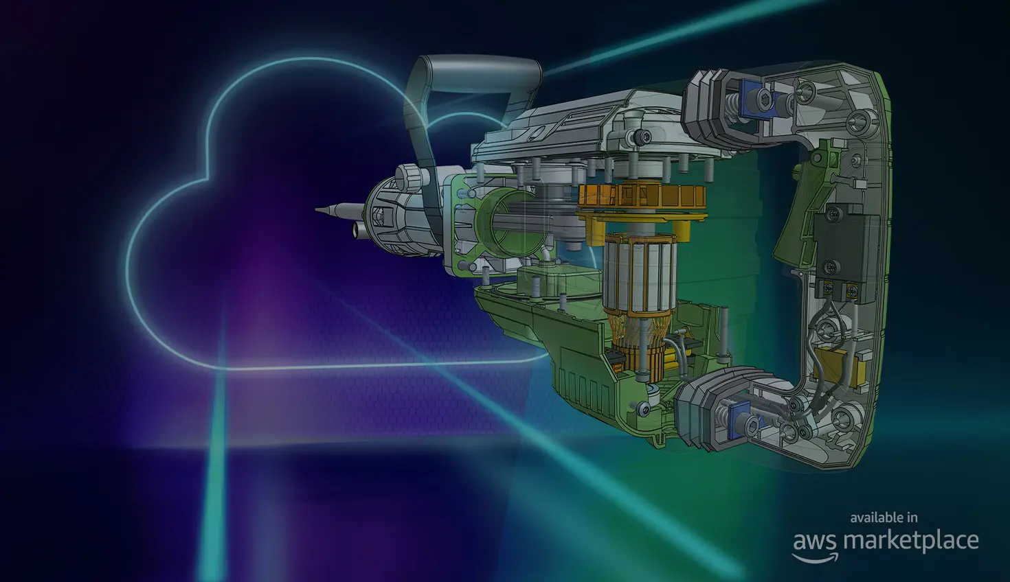 Illustration darkened with an overlay showing a CAD model built in Onshape and the AWS Marketplace logo