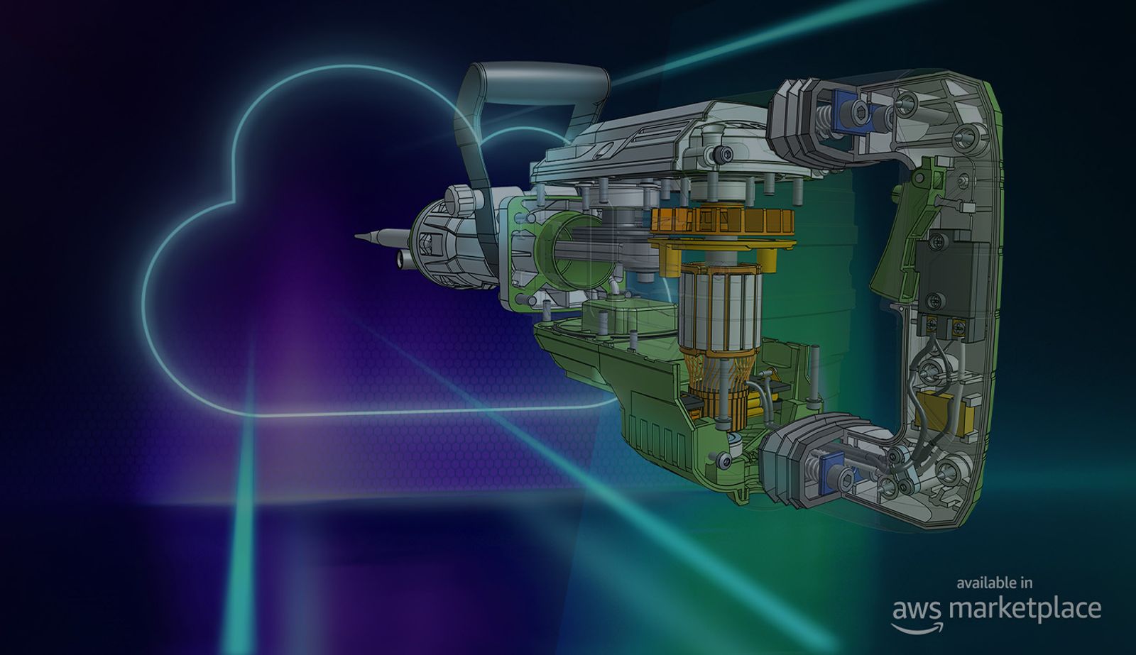 Illustration darkened with an overlay showing a CAD model built in Onshape and the AWS Marketplace logo